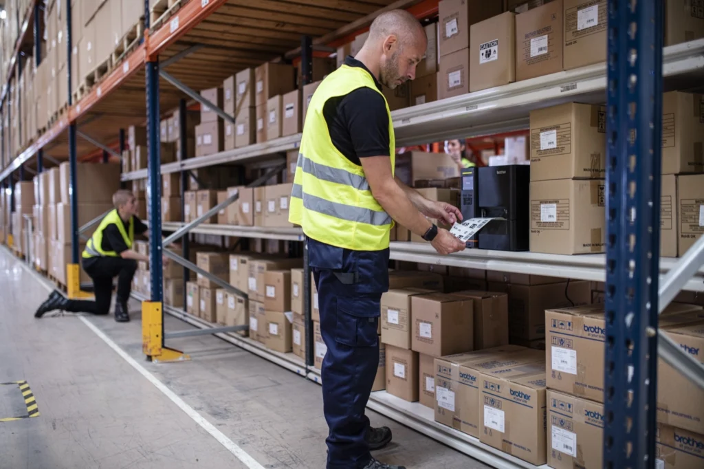 A warehouse operative checks a handheld device beside racking stacked with labelled boxes