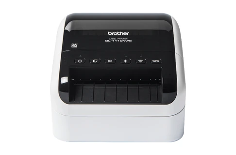 The Brother QL-1110NWBc desktop label printer, front view