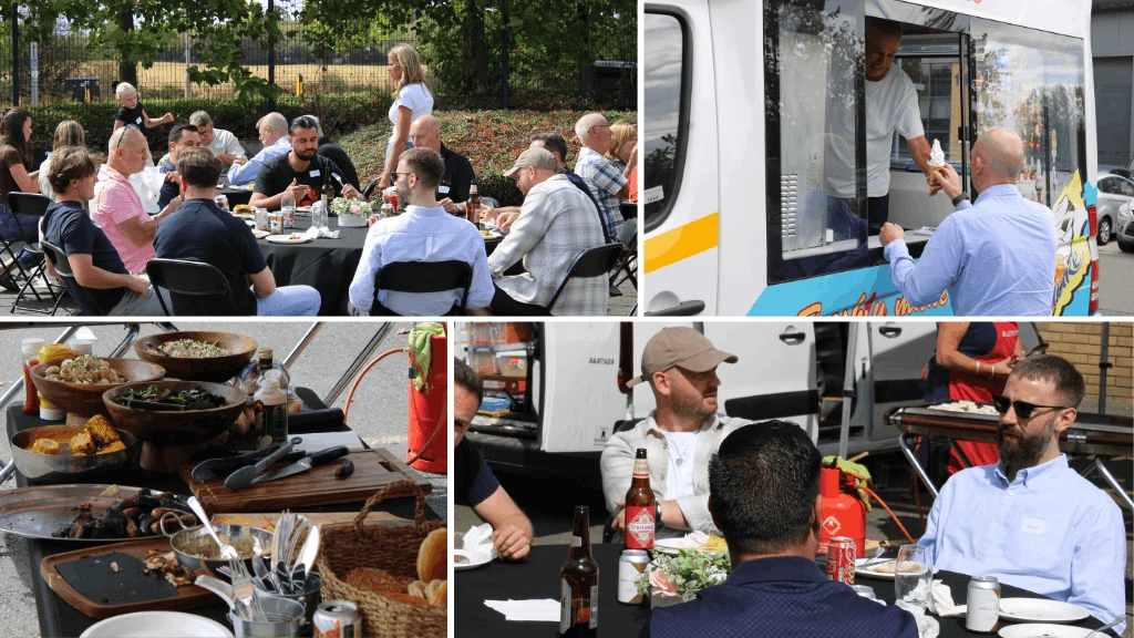 Food being served at the Insight Systems summer barbecue, including salads, burgers and ice creams