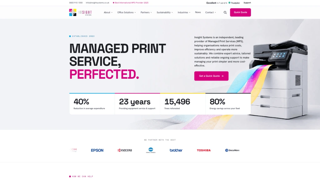 The new Insight Systems homepage showing the managed print services headline and company statistics