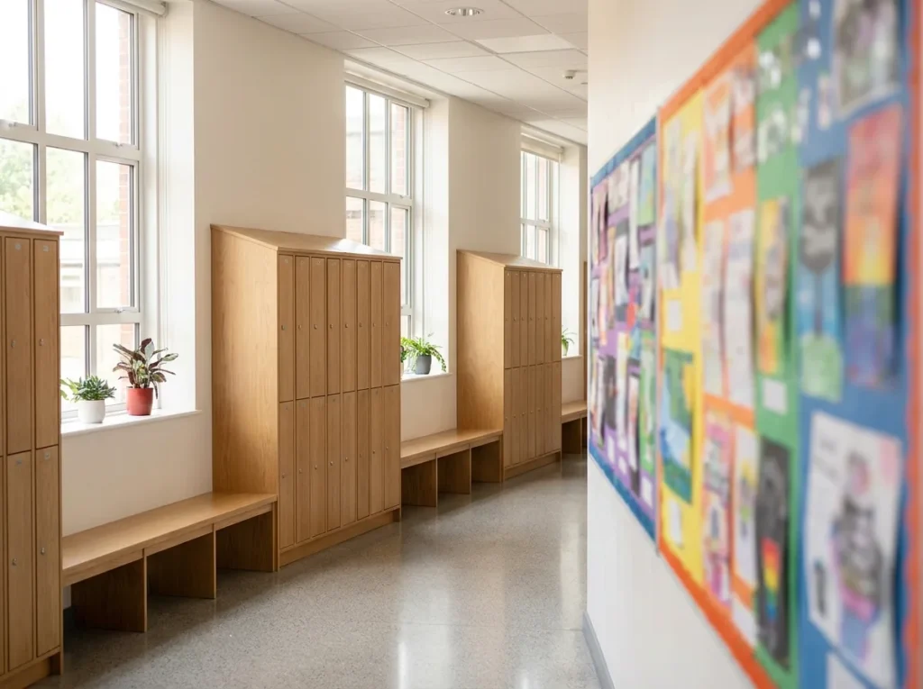 A bright modern school corridor with wooden lockers and a colourful display wall