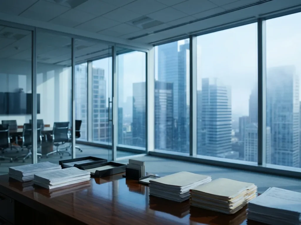 A modern financial district office with stacked documents on a desk and the city skyline behind
