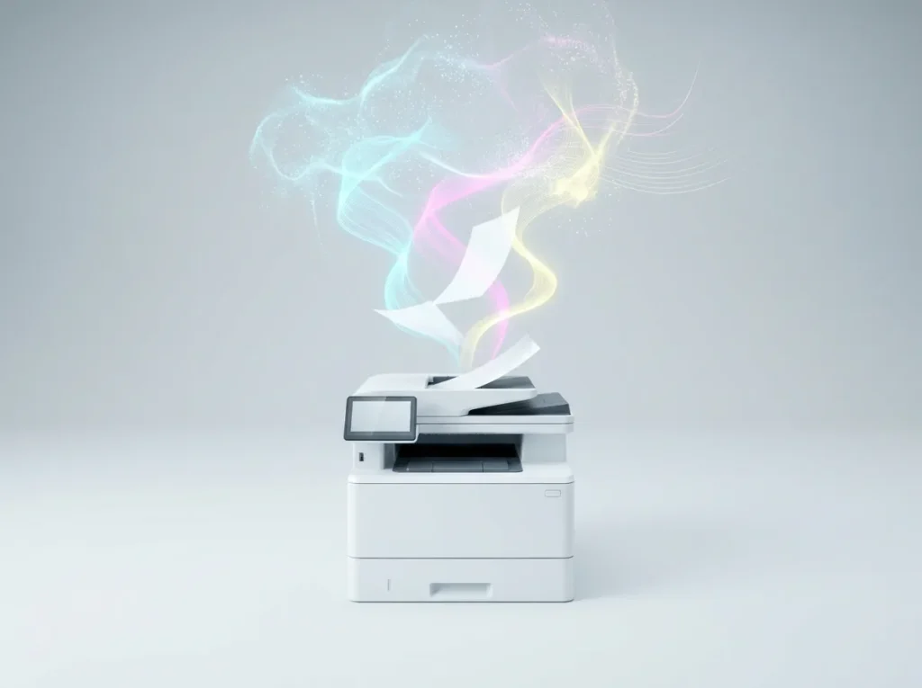 Printed documents lifting and dissolving into flowing cyan, magenta and yellow light as they move into cloud apps